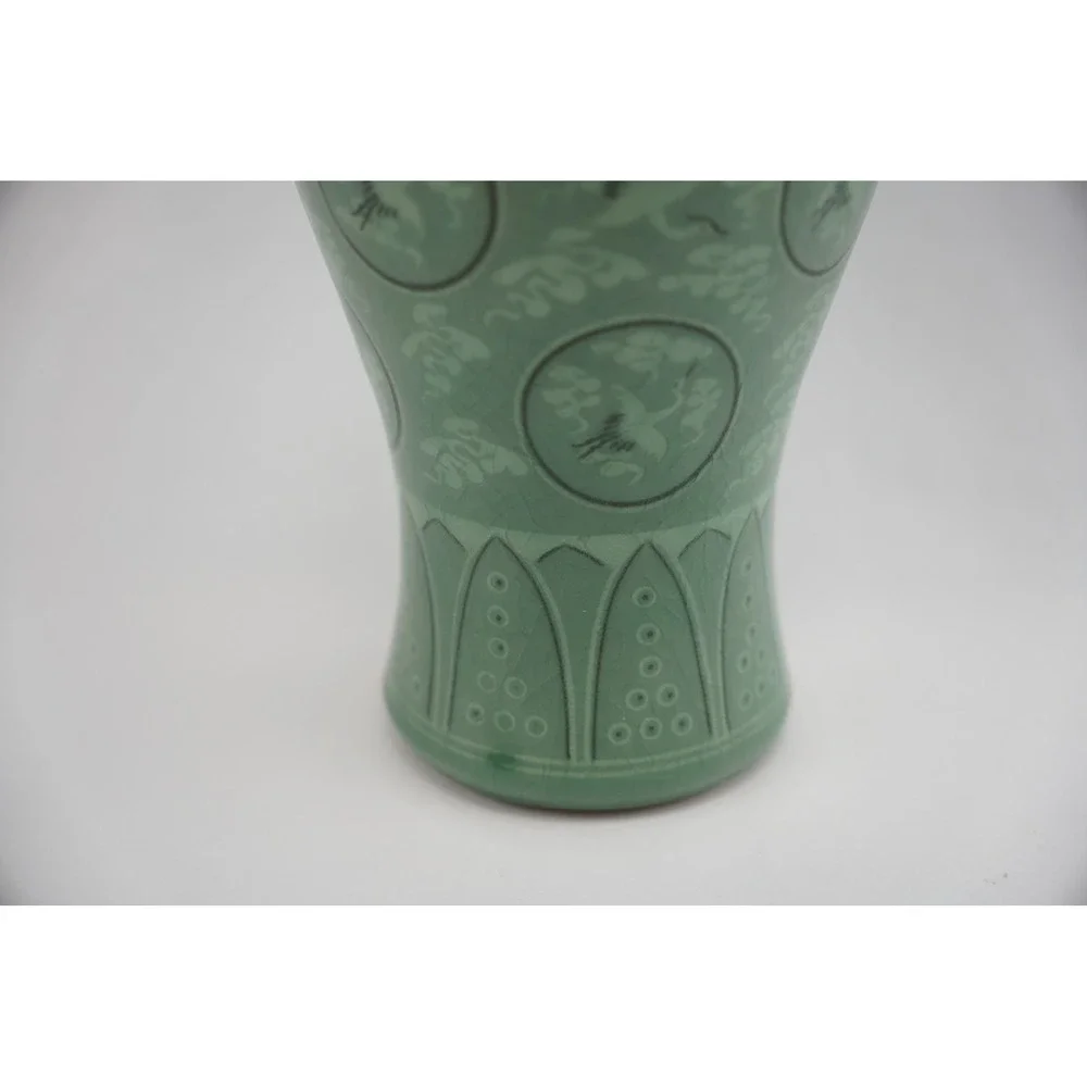Vintage Celadon Crane Vase Korean Style Porcelain Ceramic Decorative 9.5